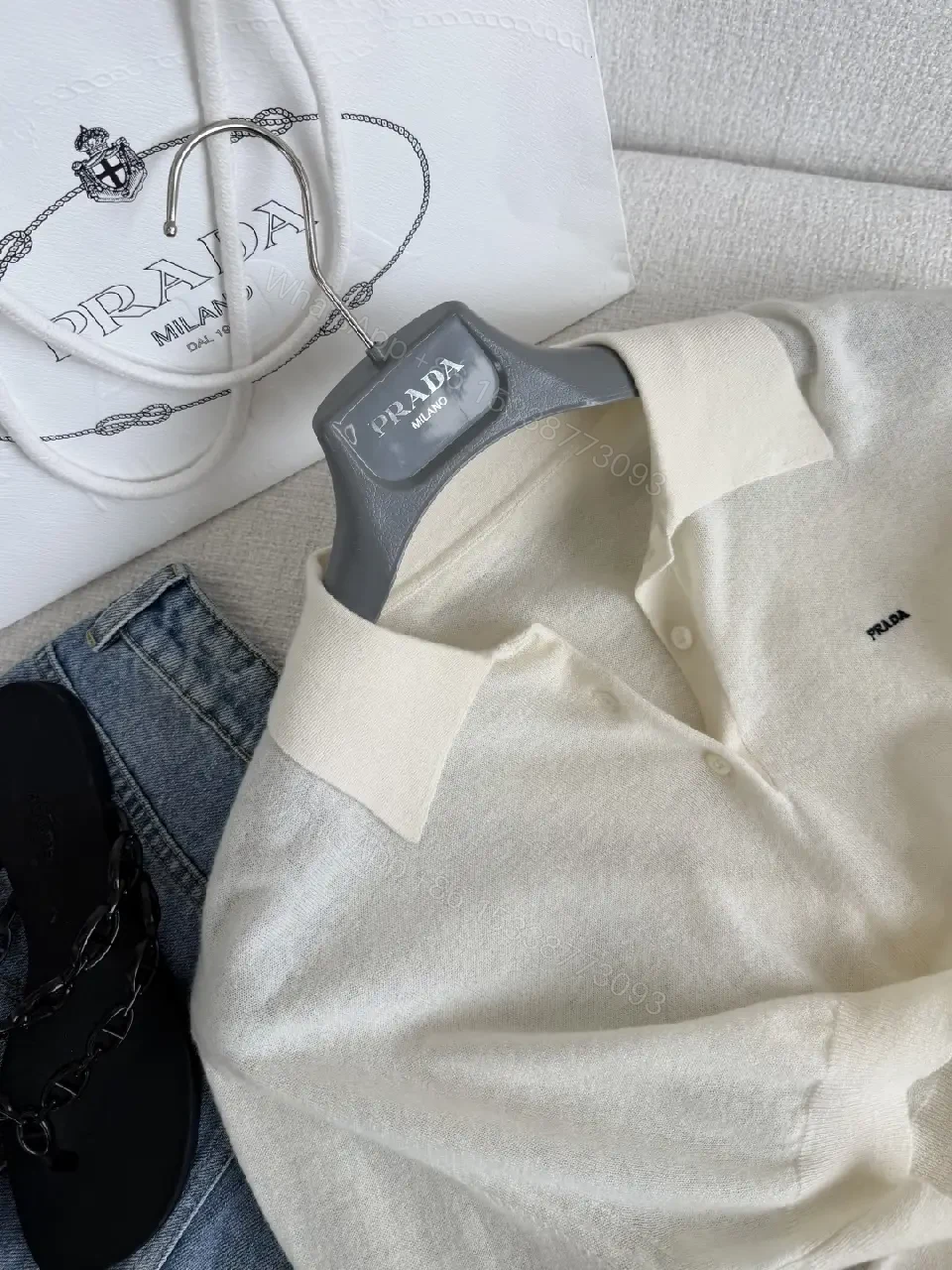 View 2 of Cream Polo Knit Sweater with Prada Logo, Classic Raglan