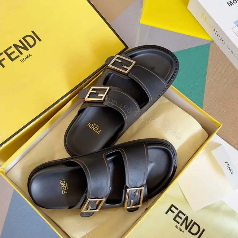 View 3 of Bold Leather Fendi Slides - Minimalist Luxury, Contoured Comfort