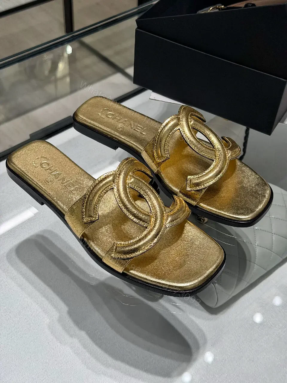 View 5 of Gold Leather Chanel-Style Chain Sandals