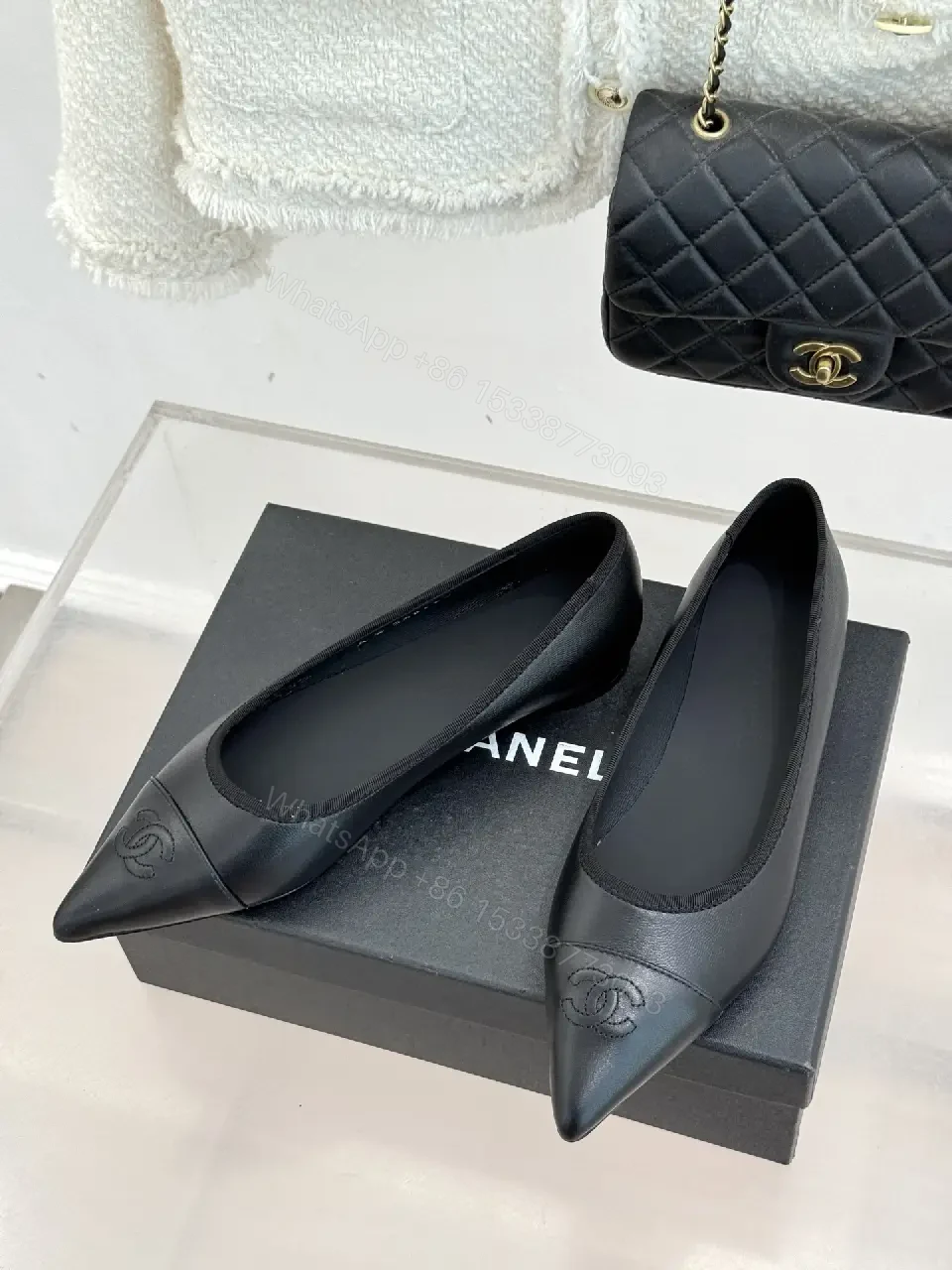 Black Leather Pointed-Toe Flats, Minimal Luxury Comfort — view 1