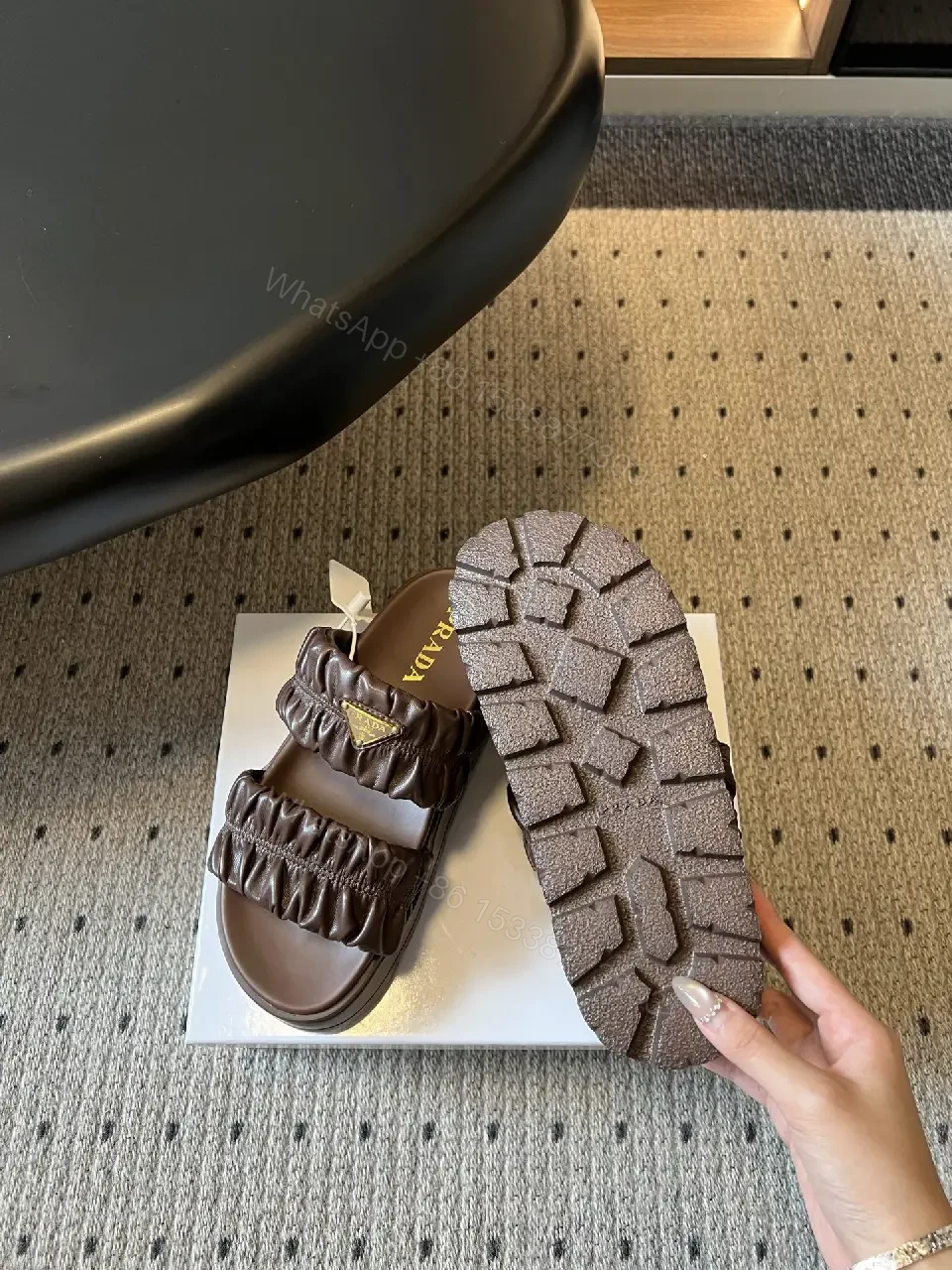View 2 of Brown Leather Slid​ers Padded Ruched Casual Metro Logo Slides
