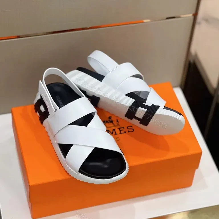 View 7 of White Leather Cross-Strap Platform Sandals - Hermes-Influenced Luxury