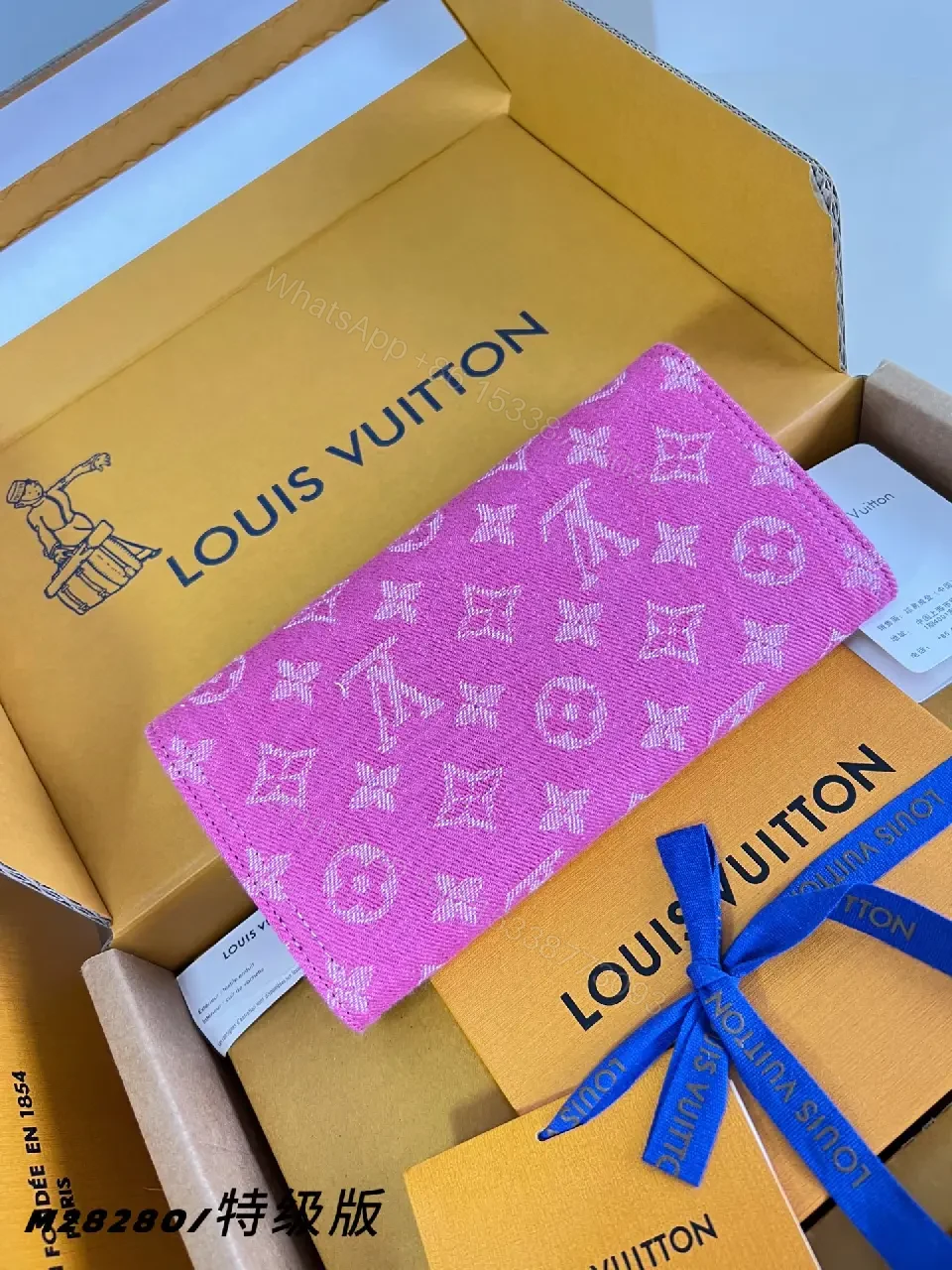 View 3 of Vibrant Pink LV Monogram Embossed Flap Wallet Clutch