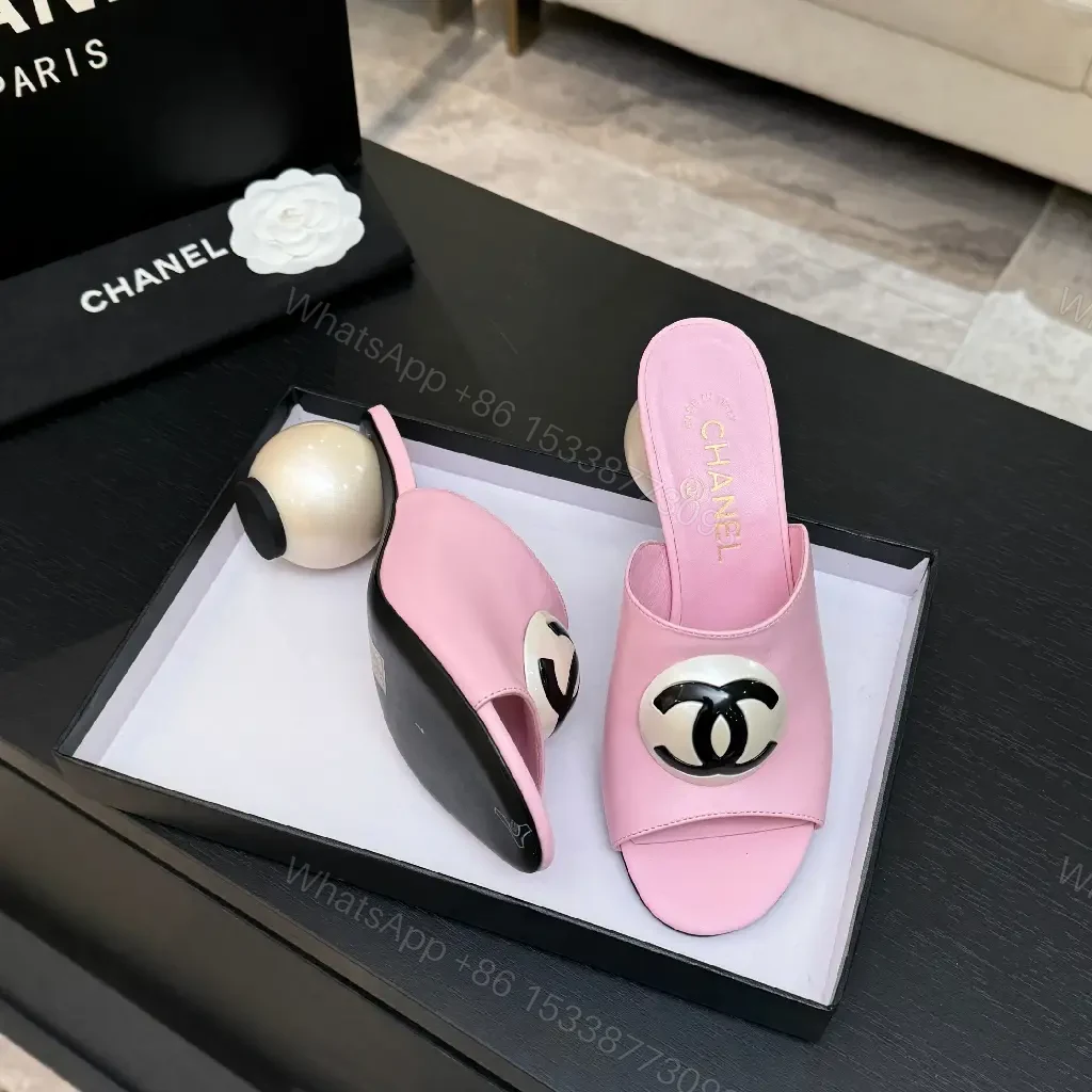 View 4 of Pastel Pink Leather Slides with Double-Circle Hardware, Open-Toe Comfort