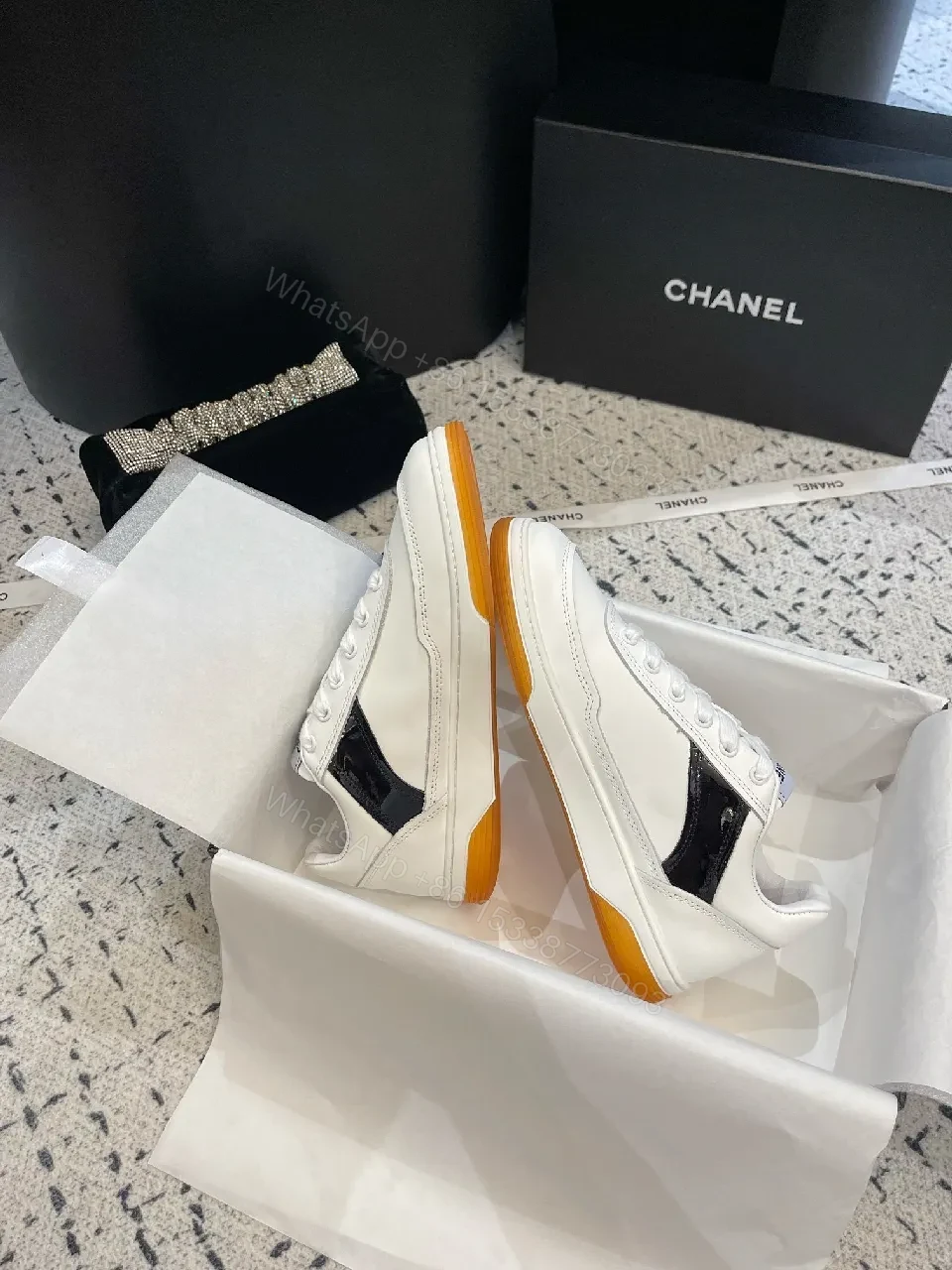 View 3 of White Leather High-Top Sneakers with Logo Accent