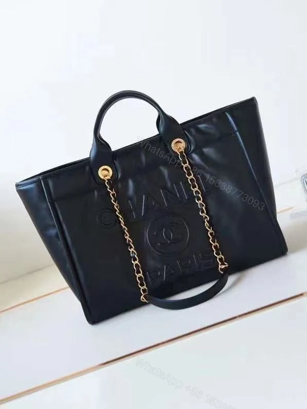 Chanel Black Calfskin Leather Deauville Tote Bag — view 1