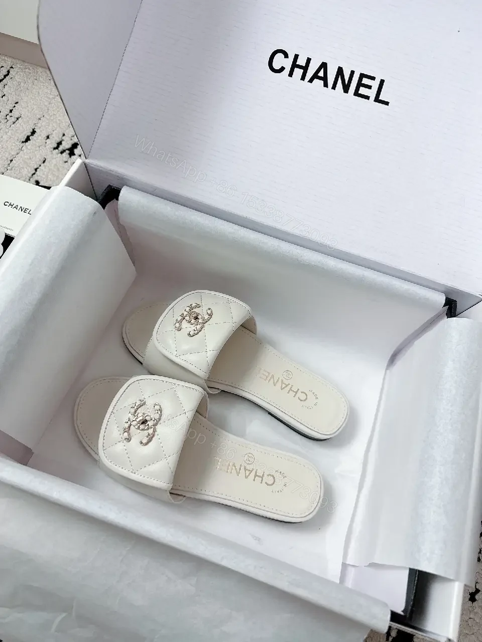 View 8 of White Leather Quilted Slides with Crystal Accent — All-Day Comfort