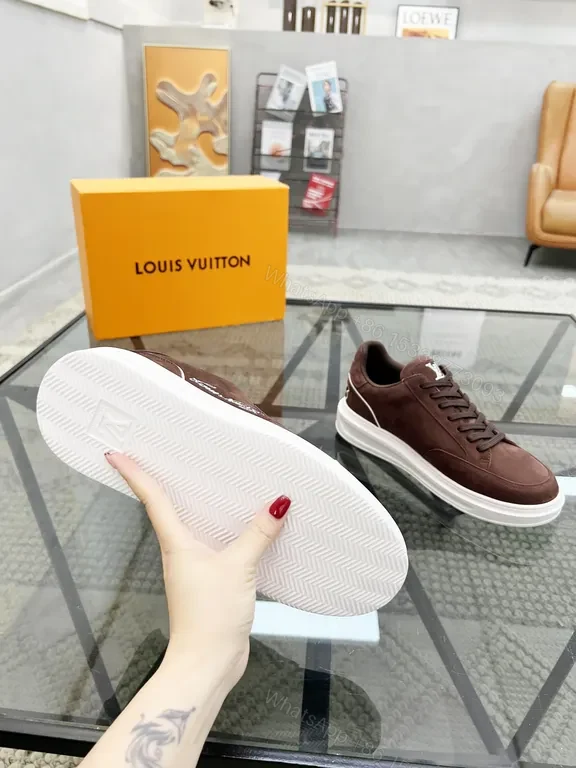 View 3 of Rich Leather LV Emblem Low-Top Sneakers - Suede, White Sole