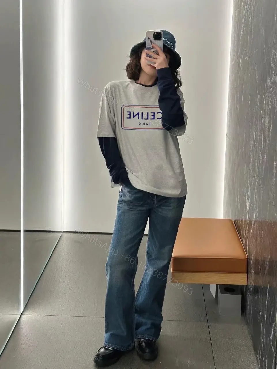 View 2 of Gray Knit Tee with Subtle Logo, Casual Luxe Top