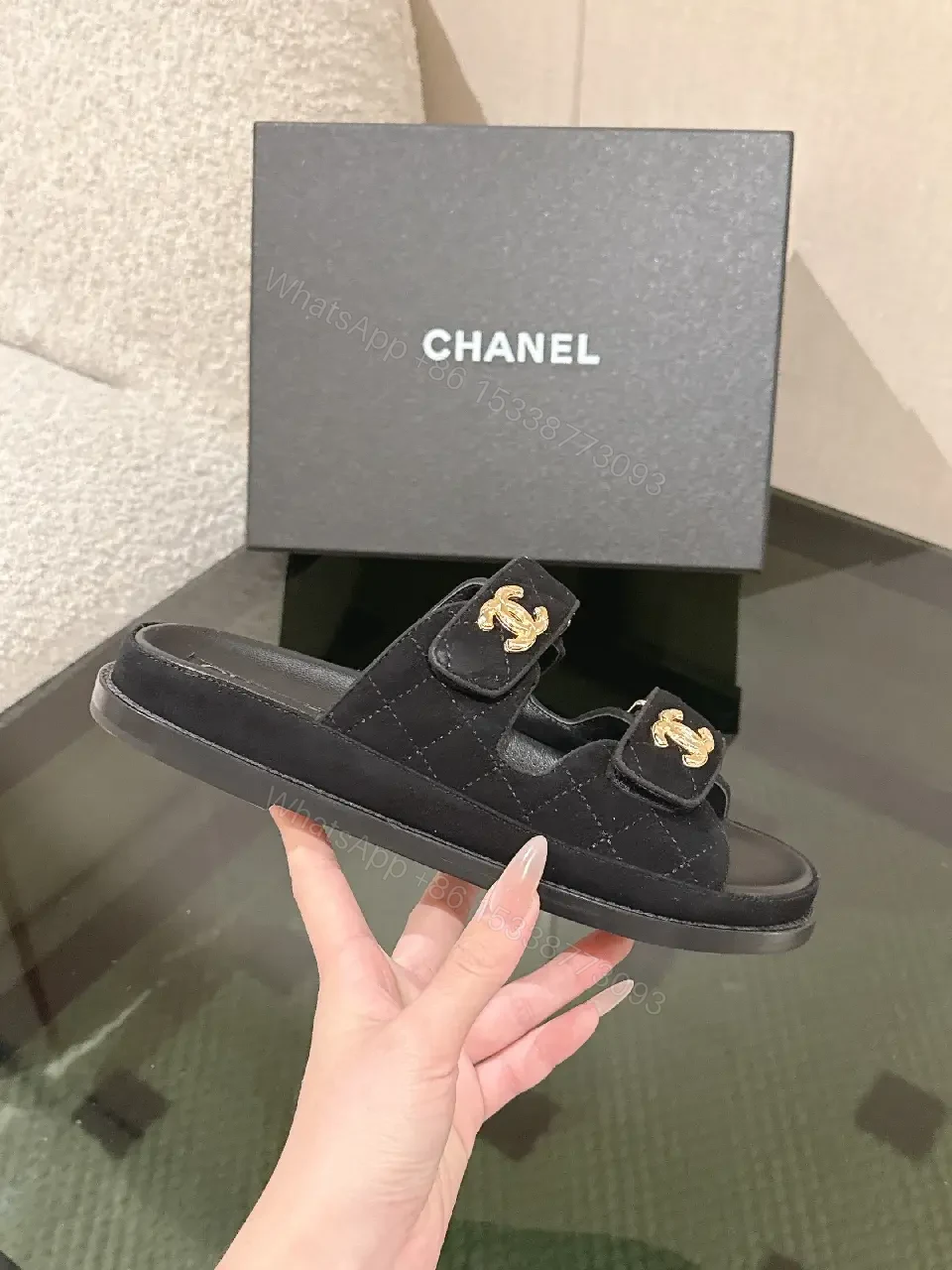 View 10 of Quilted Black Sliders with Gold Hardware — Everyday Luxury