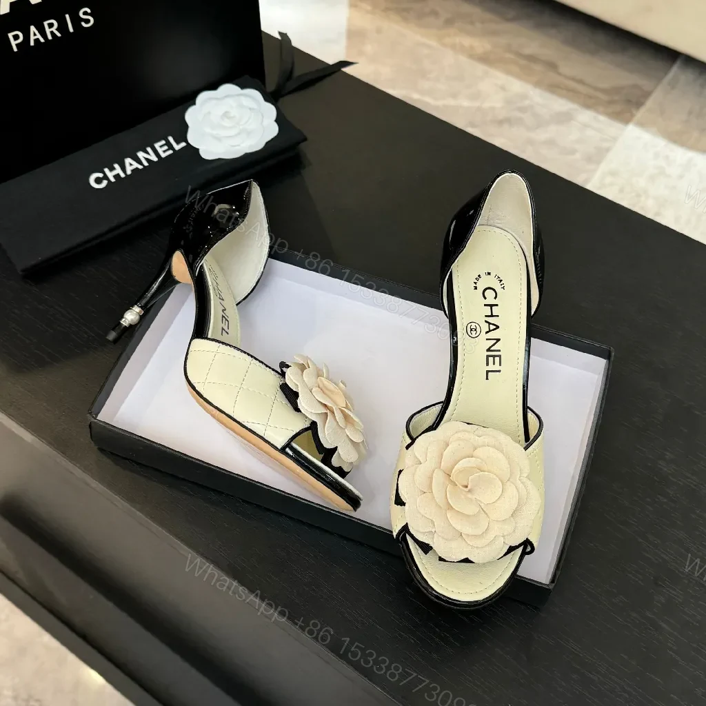 View 3 of Cream Quilted Leather Heels with Flower Accent, Open-Toe, Kitten Heel