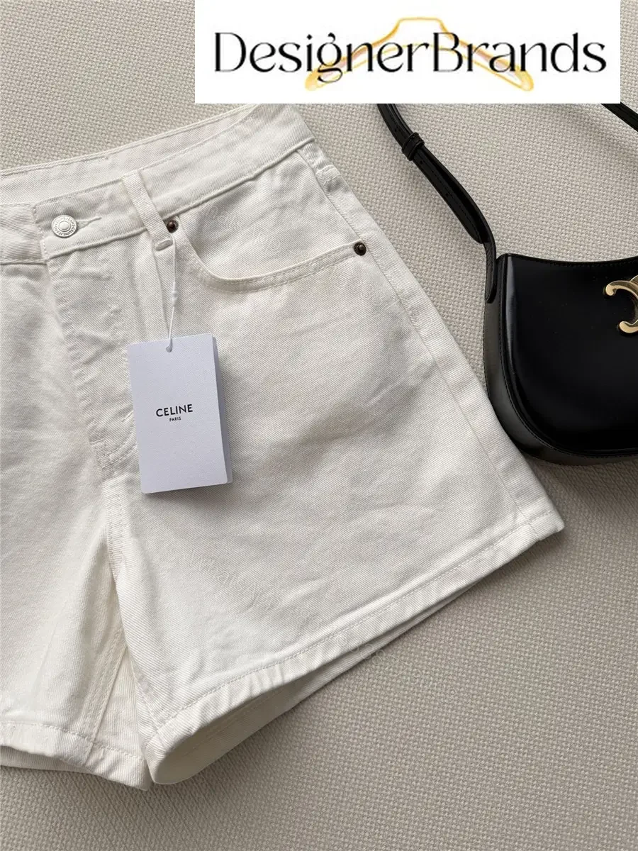 View 4 of CELINE White High-Waisted Cotton Denim Shorts