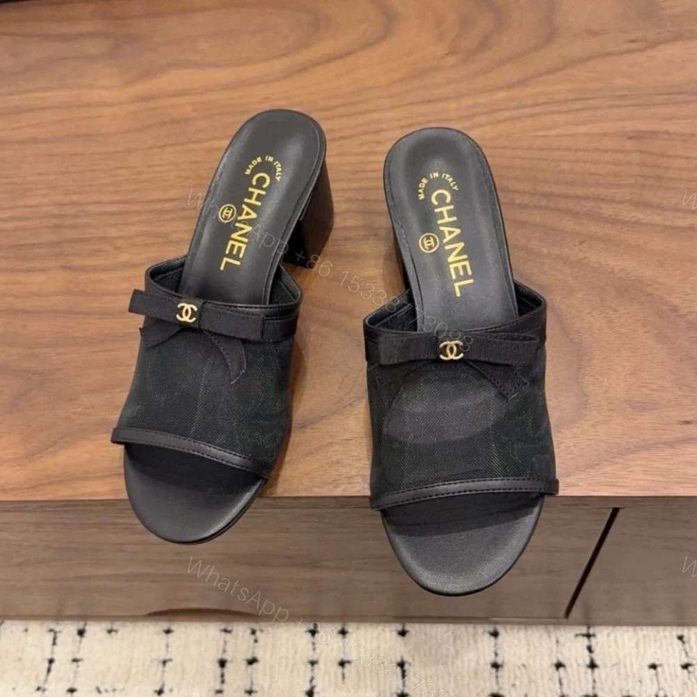 View 4 of Chanel Mesh Bow Block Heel Mules Black
