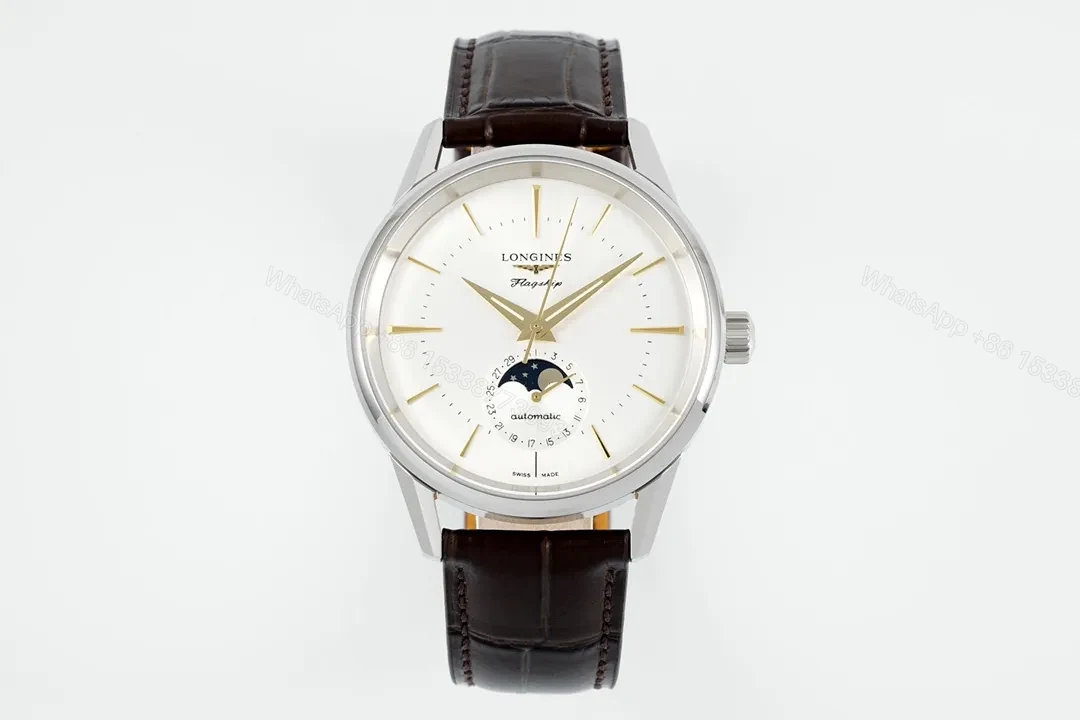 Longines Classic Flagship Moonphase Watch Silver Dial Brown Leather Strap Vintage Style — view 1