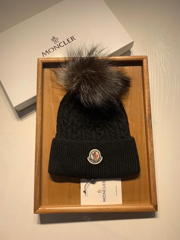 Cozy Black Moncler Beanie: Plush Fur Pom-Pom Warm Wool-Blend Knit — view 1