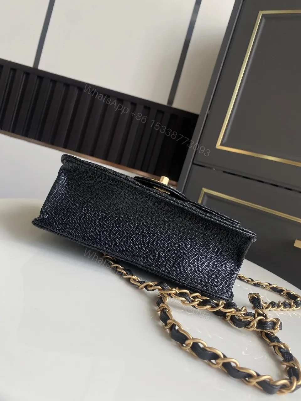 View 2 of Black Quilted Flap Bag with Gold Chain - Timeless Luxe Signature