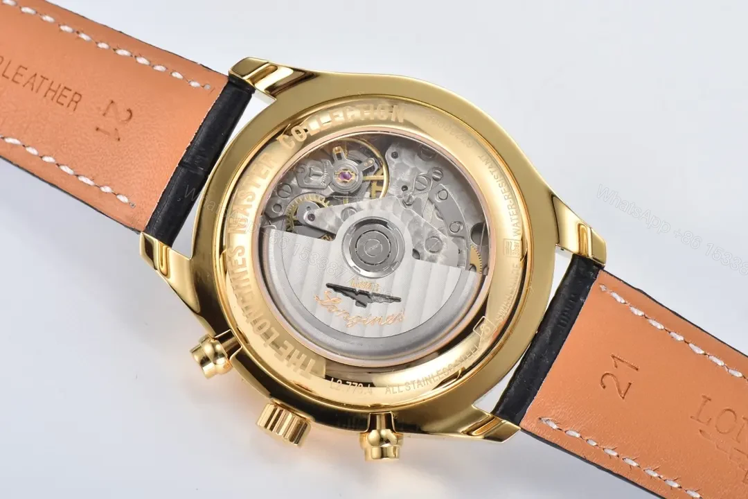 View 9 of Longines Master Collection Moon Phase Chronograph Watch Gold Case Black Leather Strap White Dial