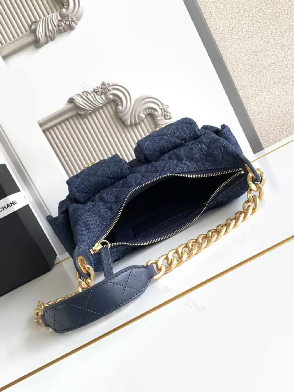 View 6 of Quilted Denim Shoulder Bag with Gold Chain Hardware