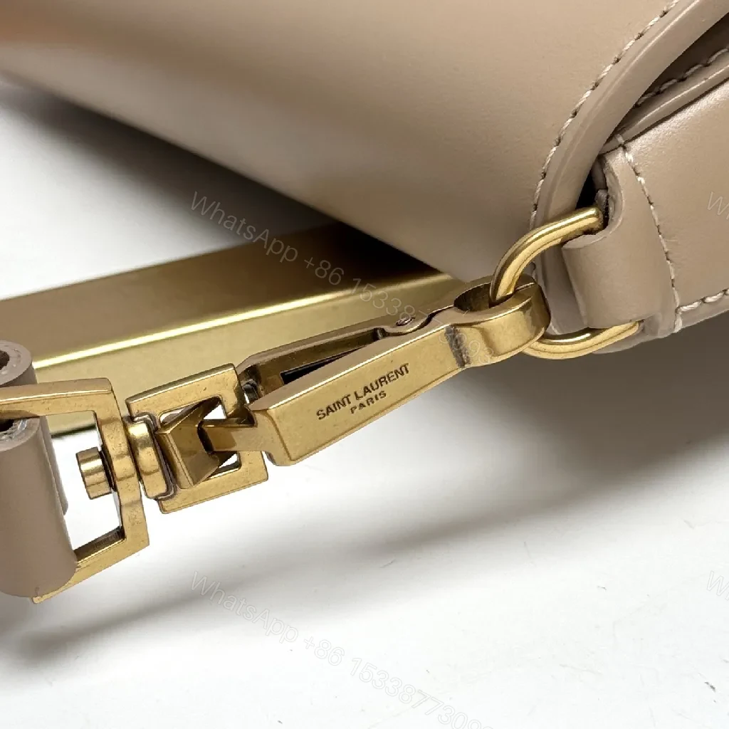 View 9 of Beige Leather-Style Shoulder Bag with Gold Hardware