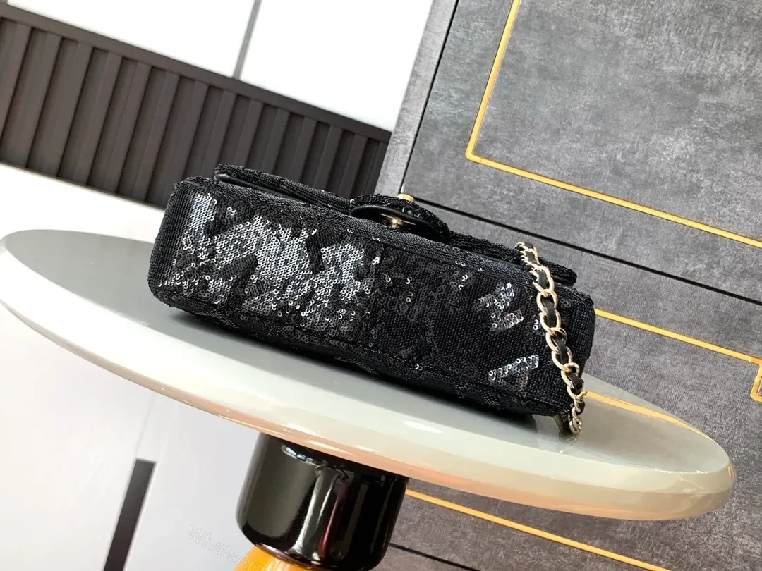 View 7 of Compact Black Sequin Handbag with Chain Strap