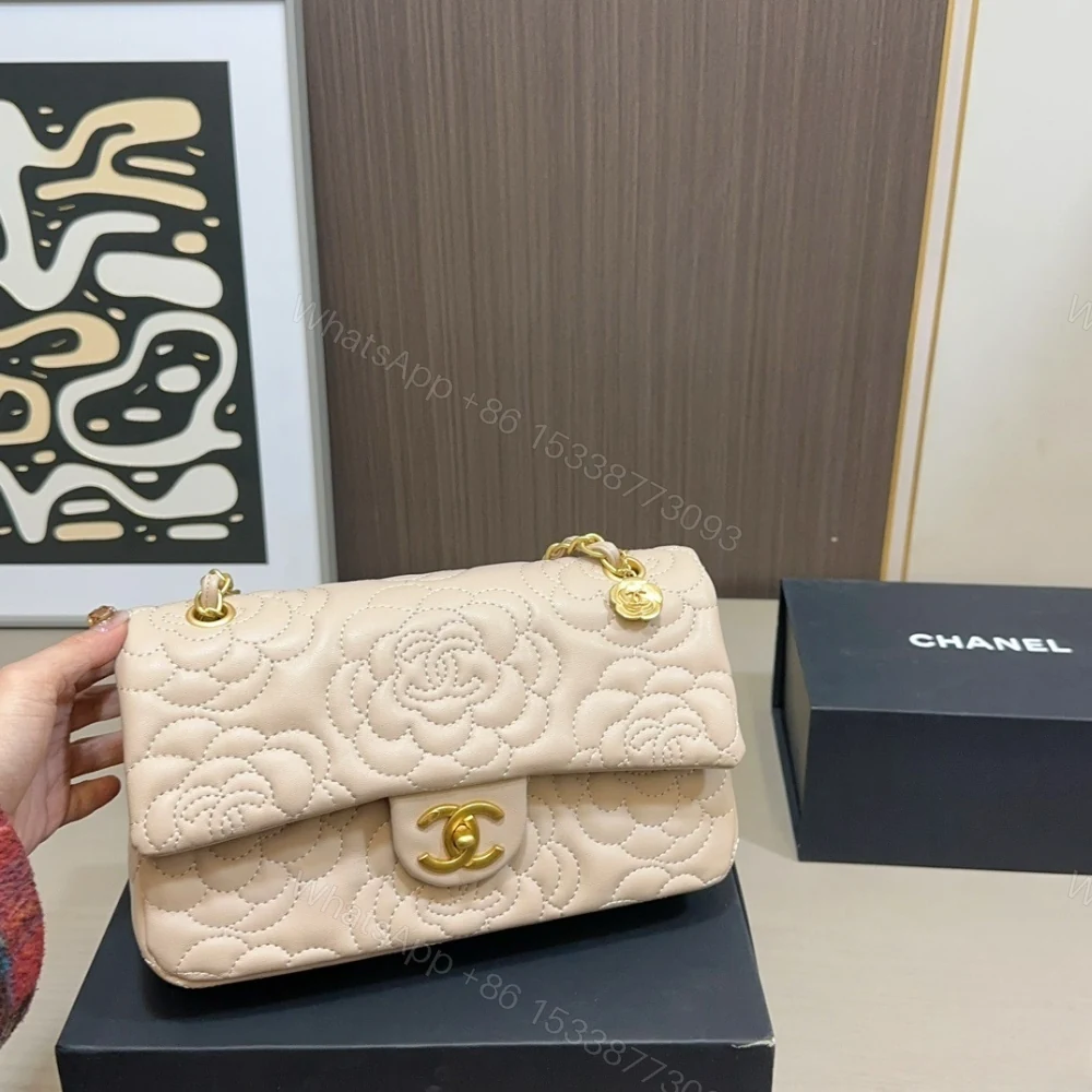 View 2 of Chanel Flap Bag With Camellia Flower Chain Beige 26Cm