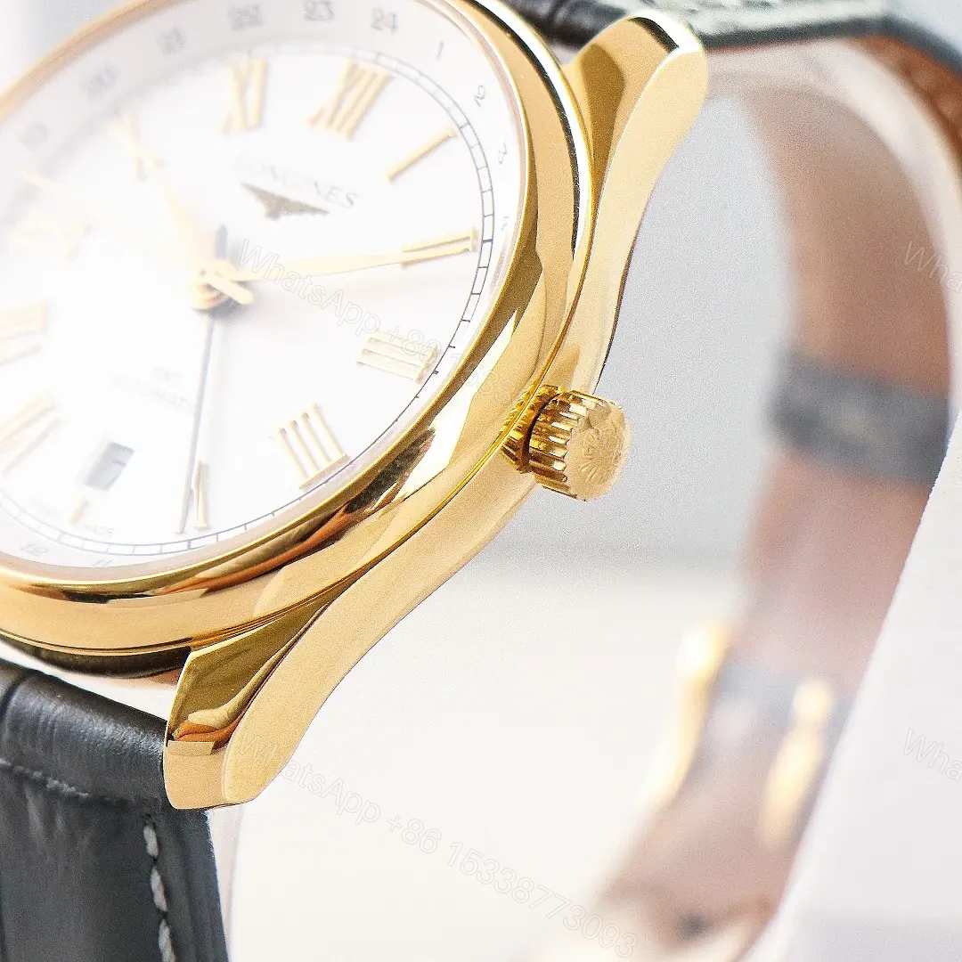 View 7 of Longines Master Classic Reproduction GMT Dual Time Watch Rose Gold with White Dial Roman Numerals and Grey Italian Leather Strap
