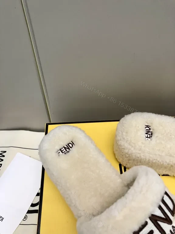 View 6 of Off-White Material: Fendi Shearling Slides - Cozy Luxe Footwear
