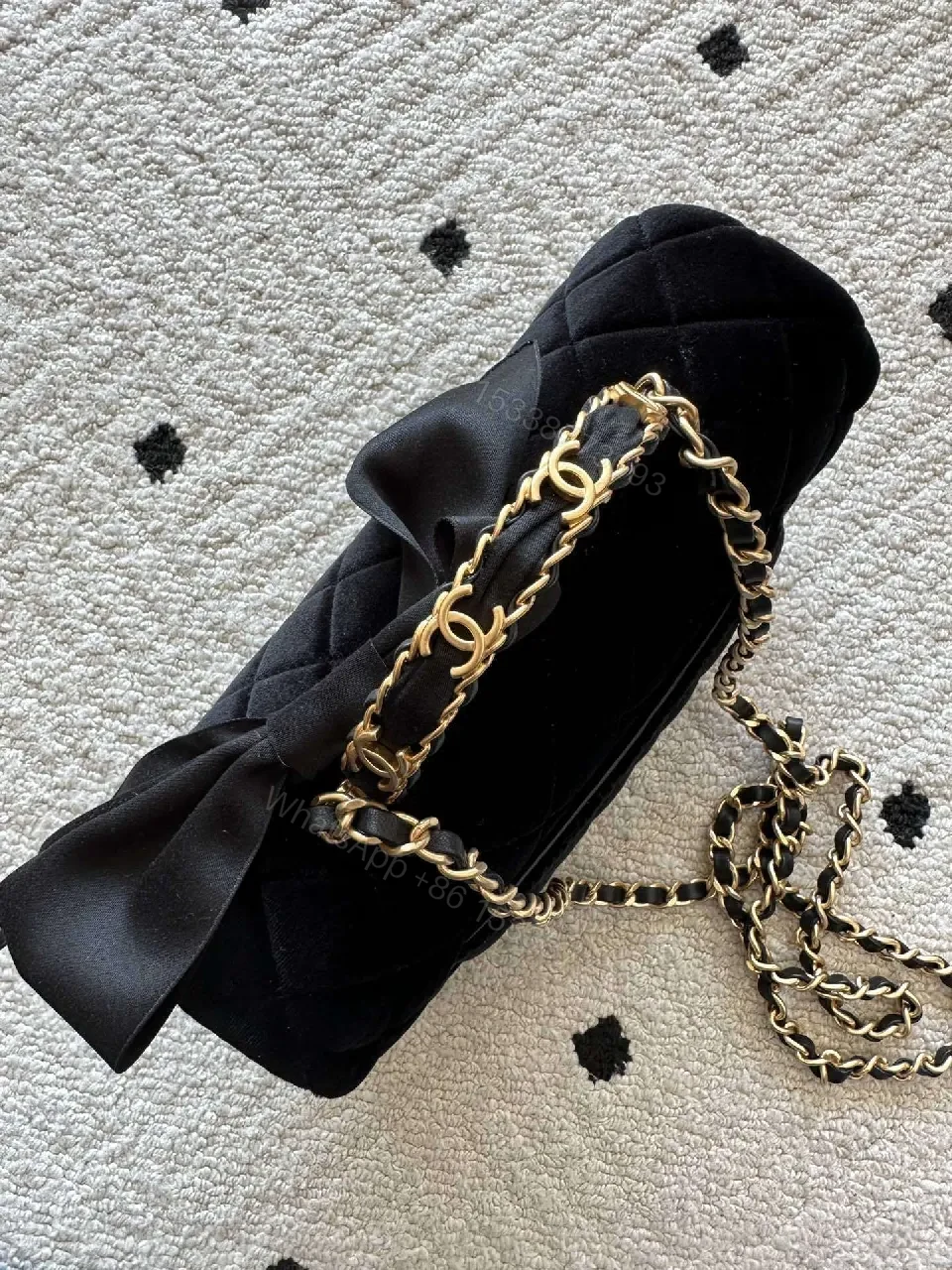 View 8 of Chic Quilted Black Velvet Bag with Ribbon Accent Milesight-style Luxe Bag