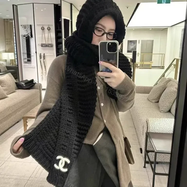 View 5 of Taupe Luxury Knit Set: Chanel-Accent Beanie & Scarf