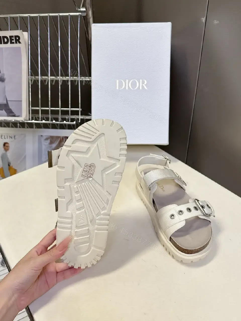 View 4 of White Leather Sandals, Combat Buckle, Dior Inspired Style, Open Toe Sandals