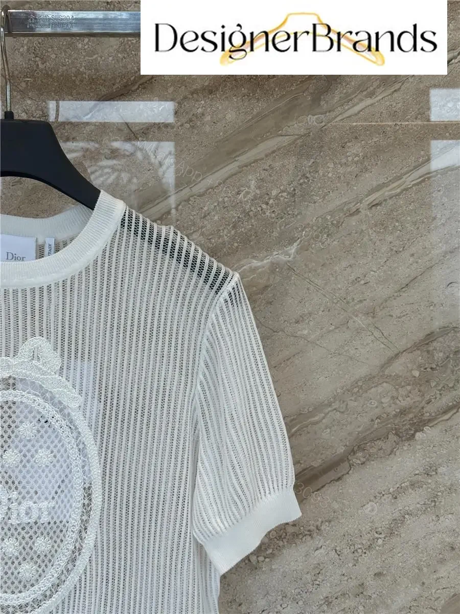 View 3 of White Knit Mesh Top with Dior Crest Embroidered Detail (No Brand Details)