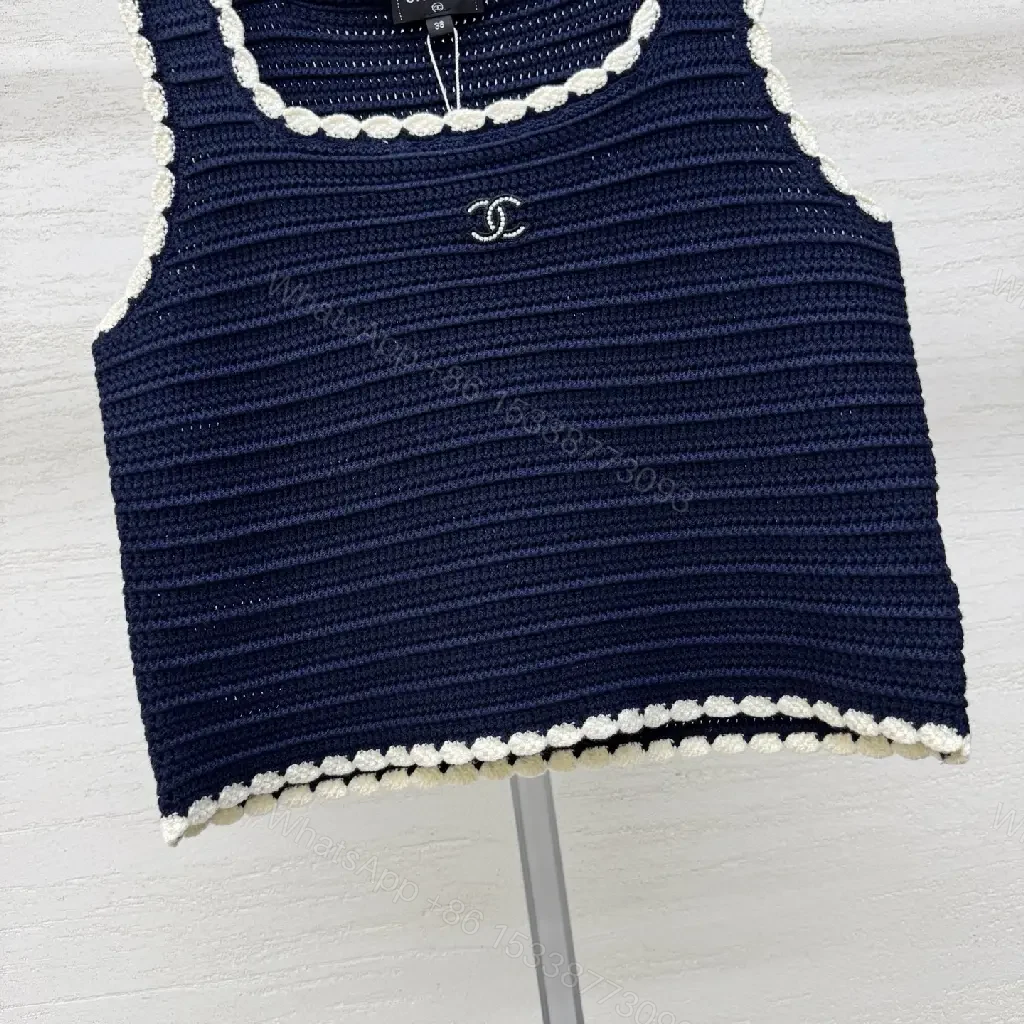 View 3 of Navy Knit Tank with Ivory Trim – Textured Luxury Top