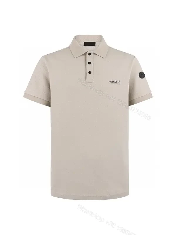 Beige Polo Shirt Short-Sleeve Classic Collar Patch Logo Polo Hem — view 1