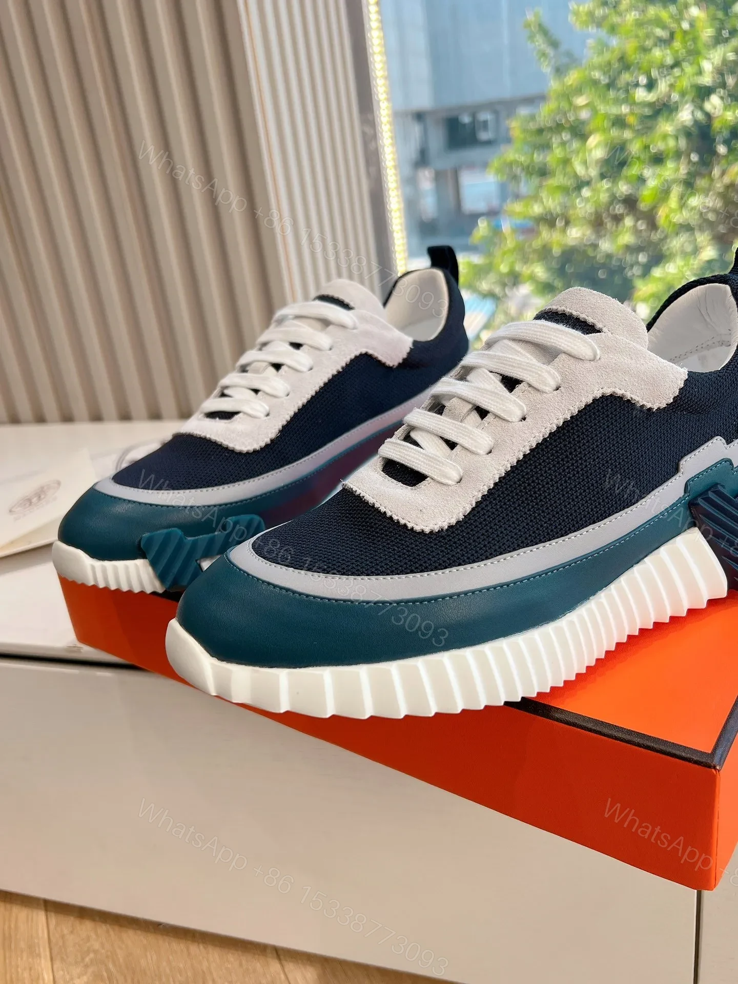 View 6 of Hermes Women Navy Blue White Mesh Sneakers