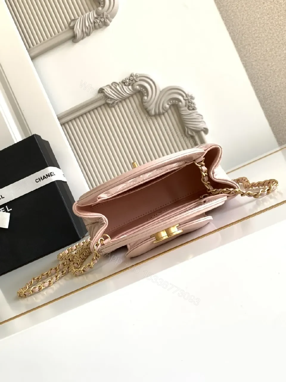 View 10 of Soft Pink Leather Quilted Mini Bag with Gold Hardware