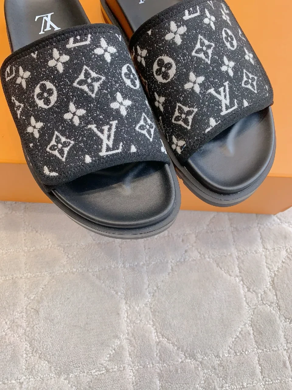 View 6 of Monochrome LV-Pattern Slides: Luxury Comfort for All-Day Wear