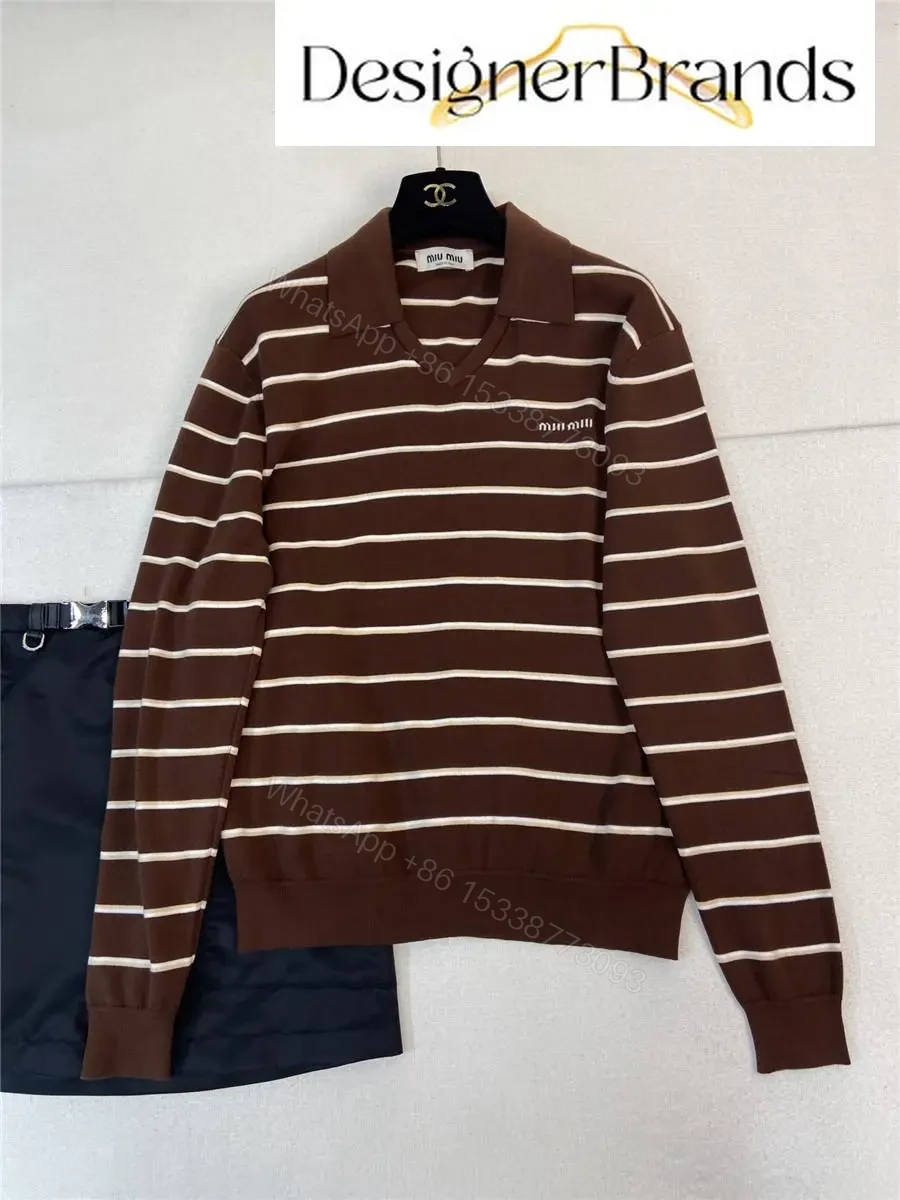 View 4 of Warm-Brown Ivory Striped Polo Knit: Lightweight, Structured Comfort