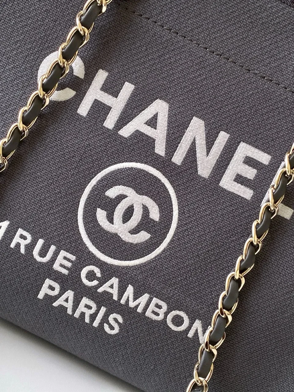 View 4 of Charcoal Canvas Tote: Leather Handles, Chain Accent, Structured Designer-Inspired Tote