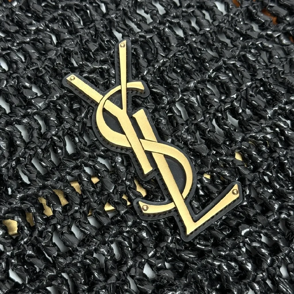 View 8 of Handwoven Mesh Tote: Luxe Black, Gold Logo, Everyday