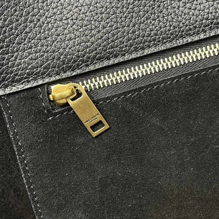 View 9 of Refined Black Leather Tote - Gold YSL Charm, Everyday Luxury Tote