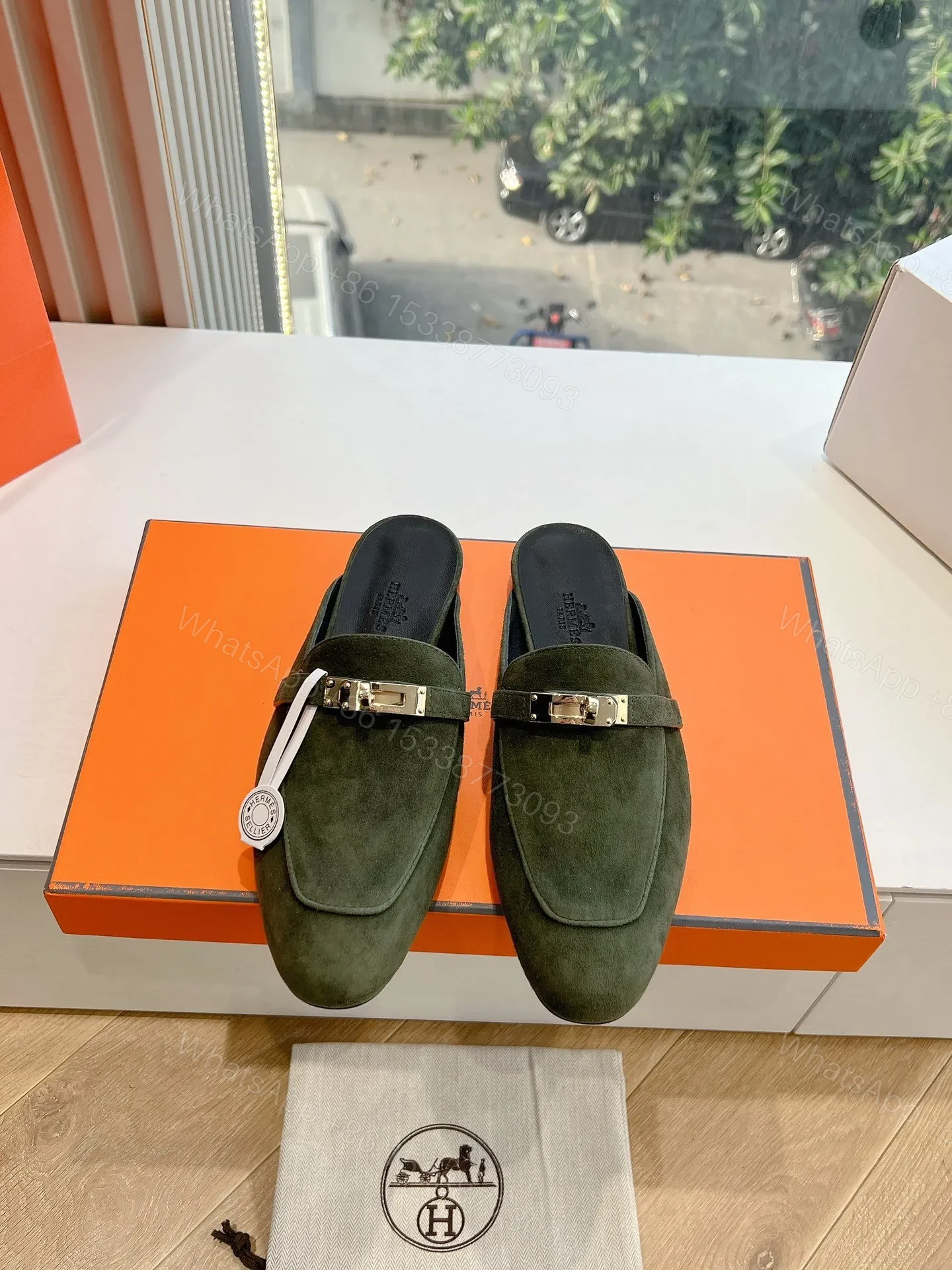 Hermes Women Green Suede Mules — view 1