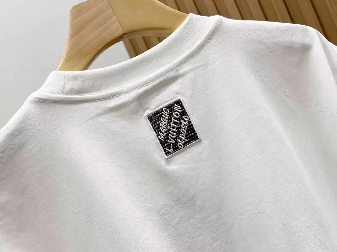 View 7 of White Cotton Crewneck Tee with LV-Inspired Embroidery, Casual Luxe Tee