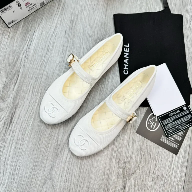 View 8 of White Quilted Leather-Look Ballet Flats with Gold Buckle Comfort