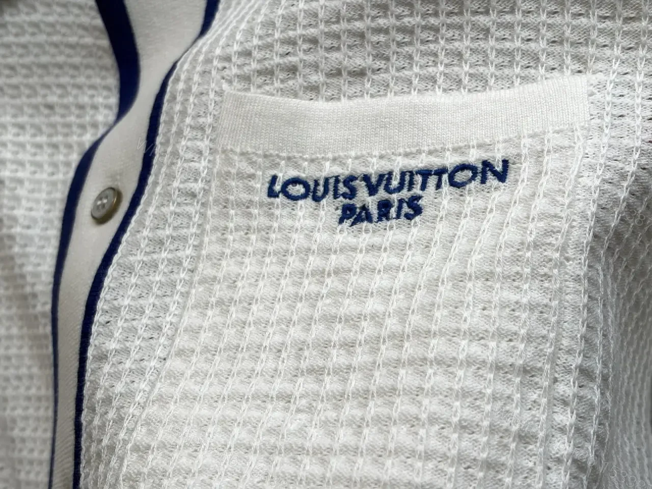 View 4 of White Knit Polo Shirt Blue Trim Louis Vuitton Style Key Pocket Polo Shirt