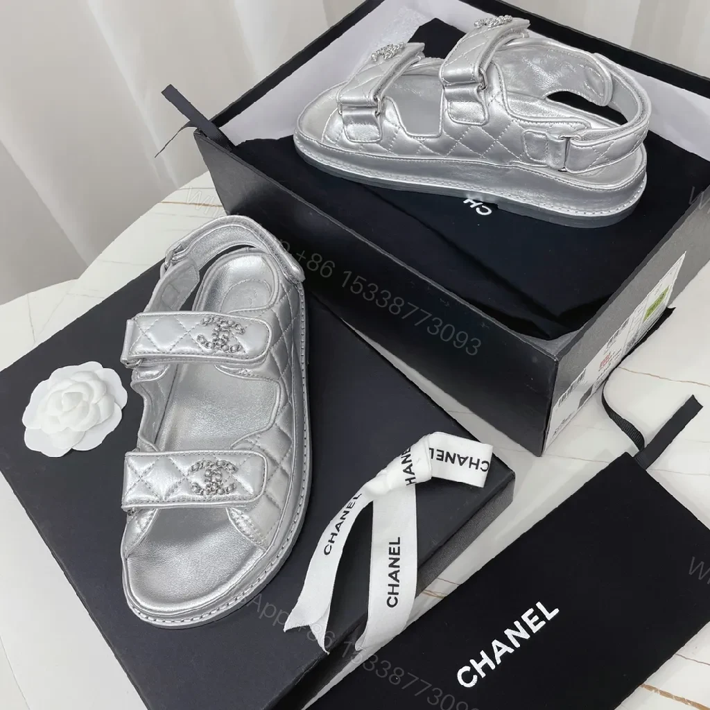View 4 of Shimmer Silver Quilted Slides: Luxury Streetwear Sandals