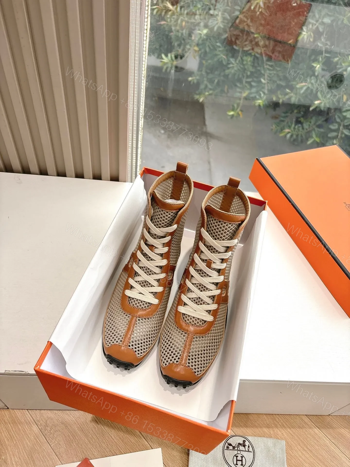 View 3 of Hermes Women Beige Mesh And Brown Leather Sneakers