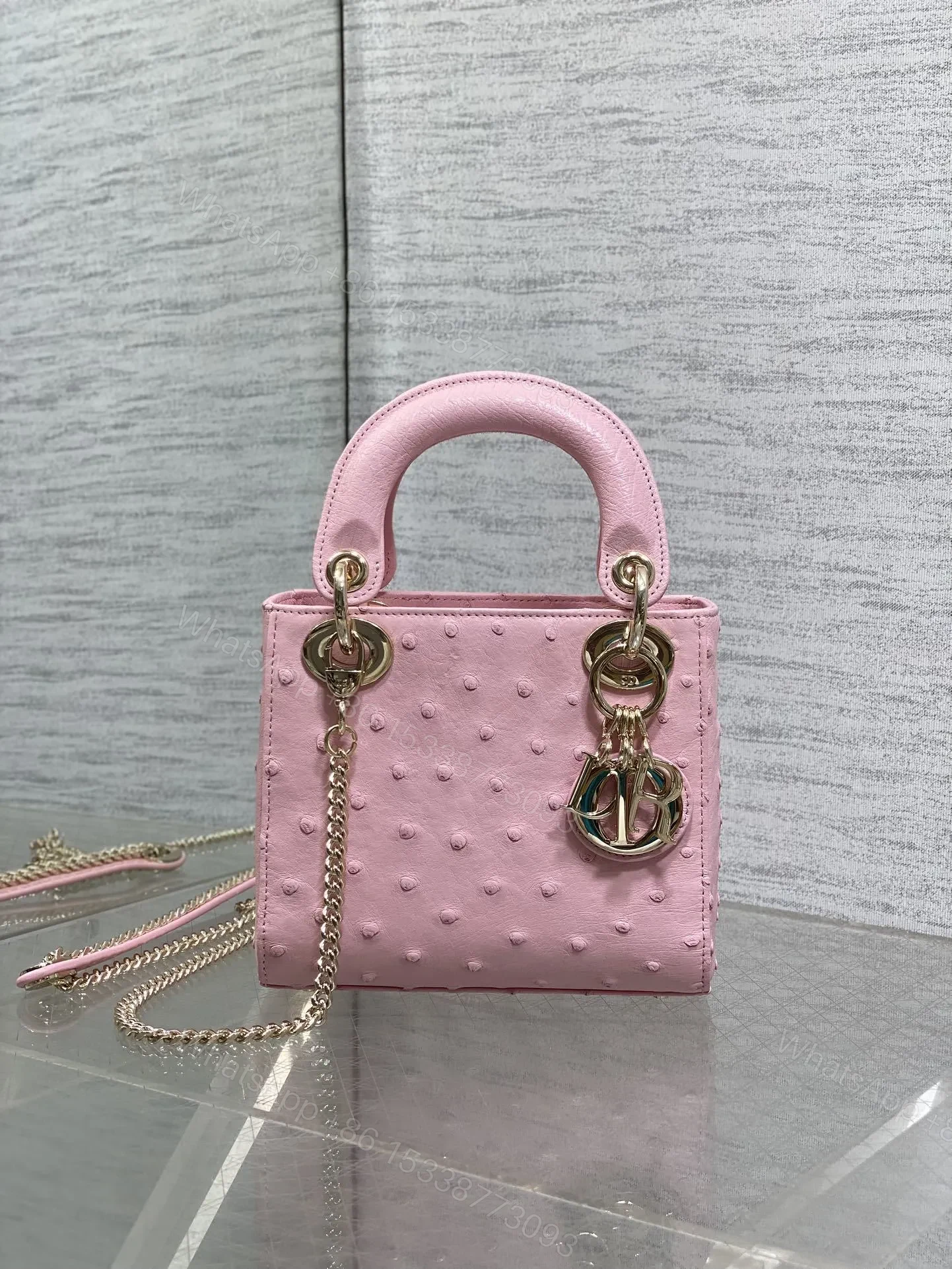 Christian Dior Mini Lady Dior bag in Pink ostrich leather — view 1