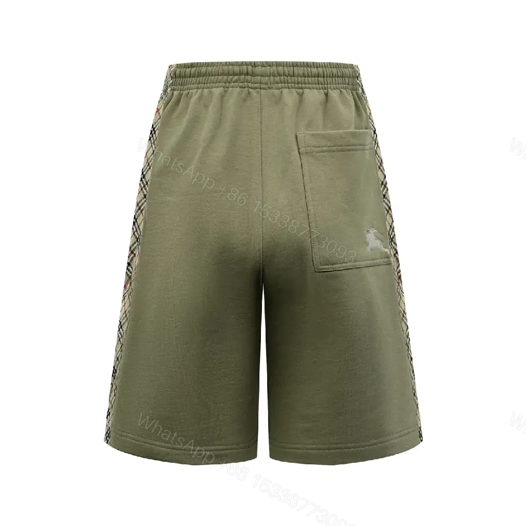 View 2 of Olive Cotton Drawstring Shorts with Plaid Side Stripes