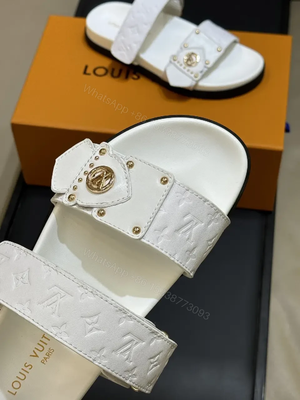 View 3 of White Leather Sandals Velcro Straps Minimalist Louis Vuitton Monogram Sandals