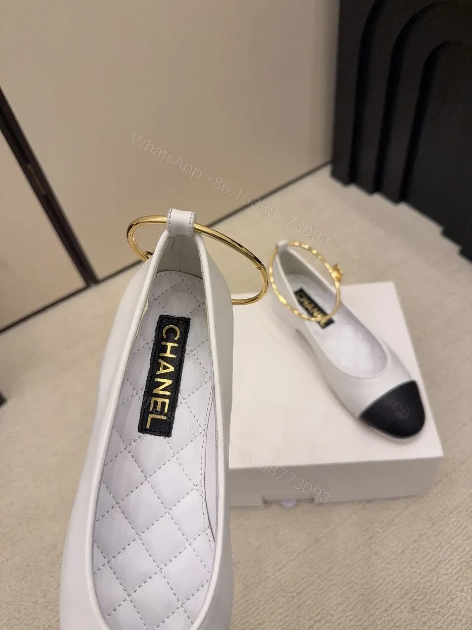 View 3 of Two-Tone Quilted Slingback with Gold Ring Strap Shoes